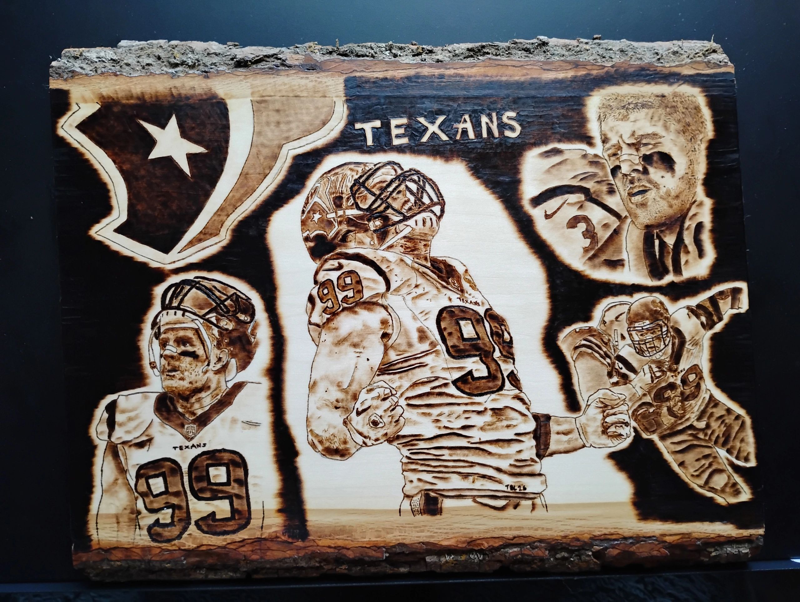 Houston Texans football collage burned into a wood slab